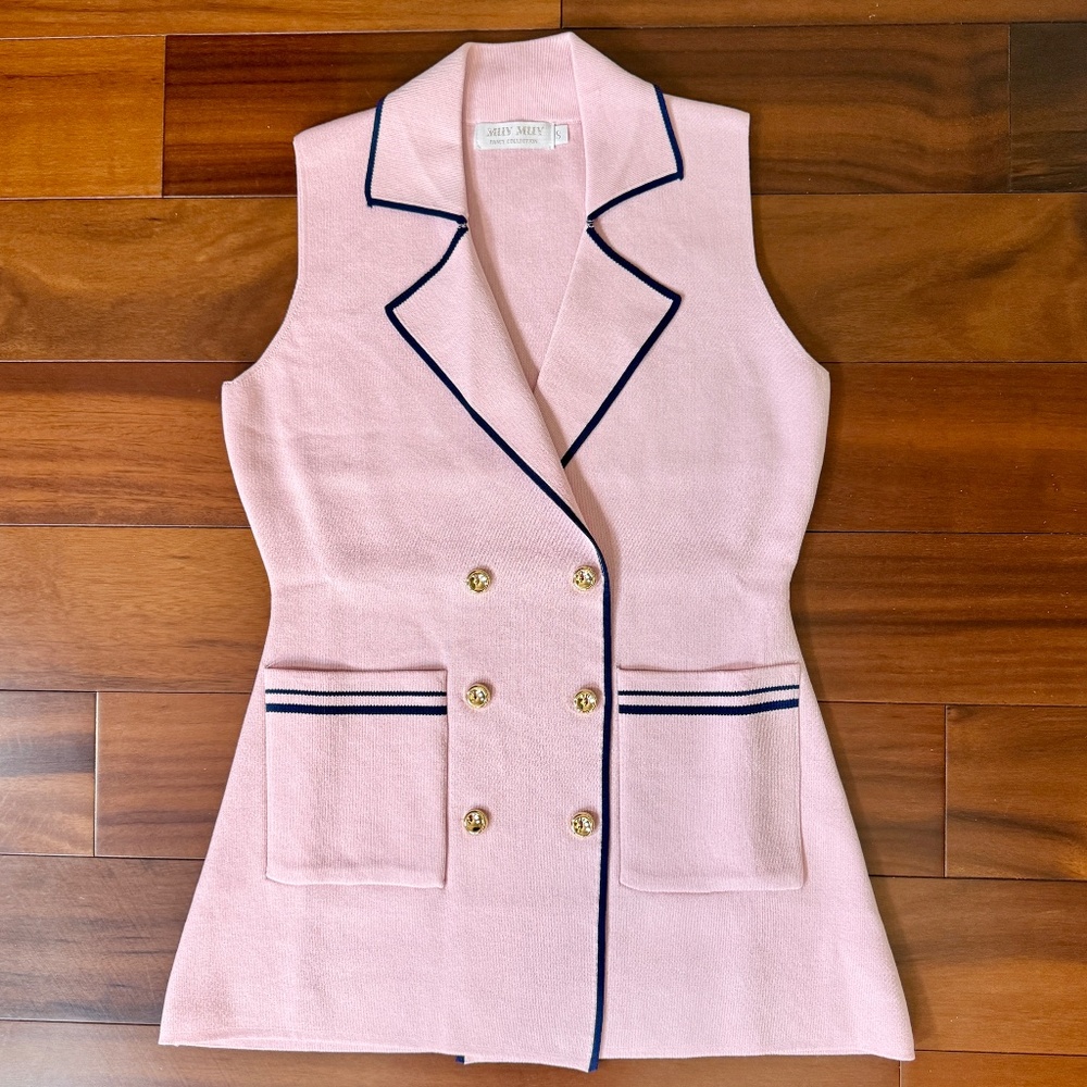LIGHT PINK BLAZER VEST WITH NAVY BLUE TRIMMING AND POCKETS - Picture 9 of 11